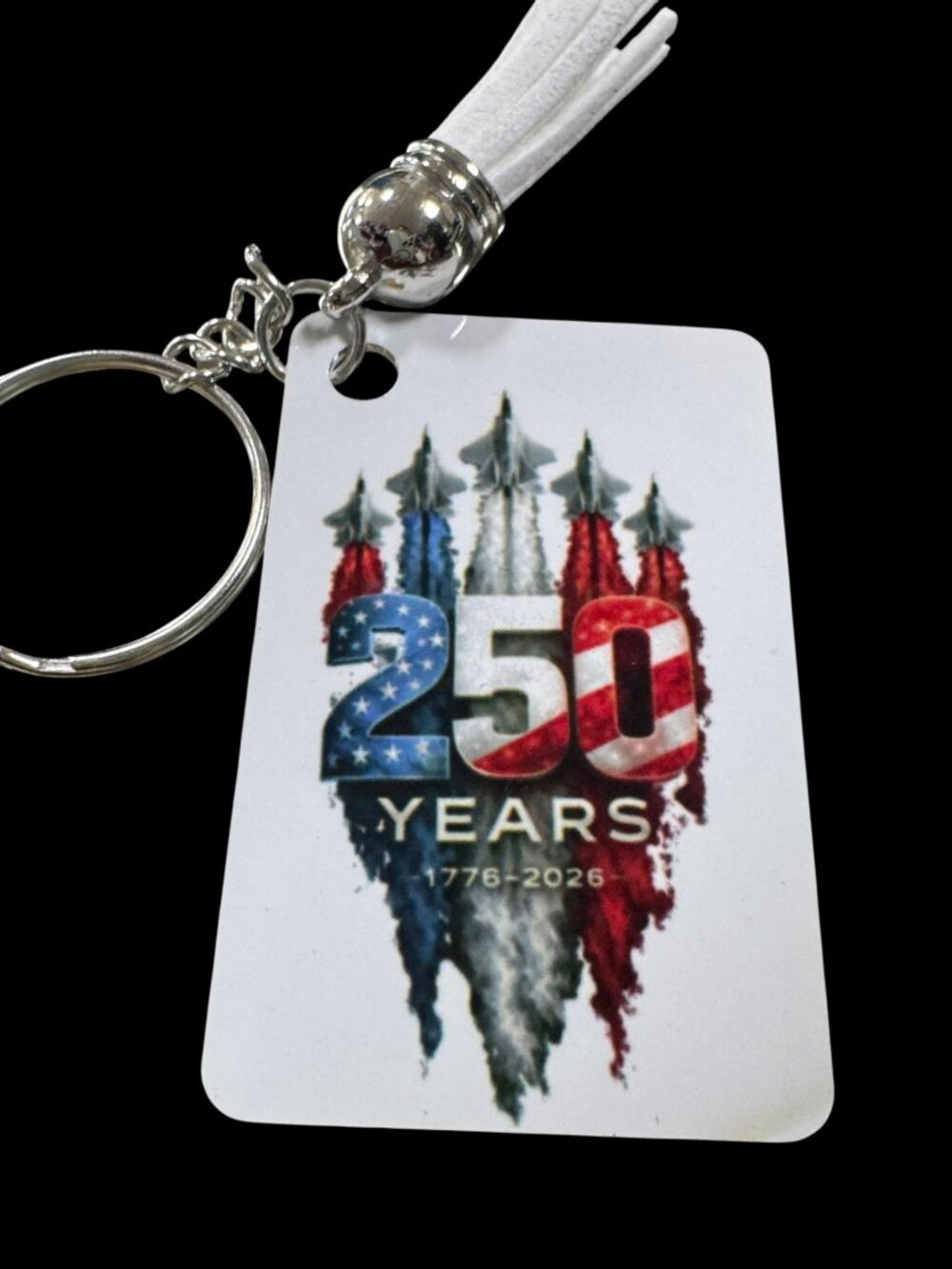 USA 250 Years Anniversary Keychain, Metal, White Tassel, Patriotic 1776-2026 Com